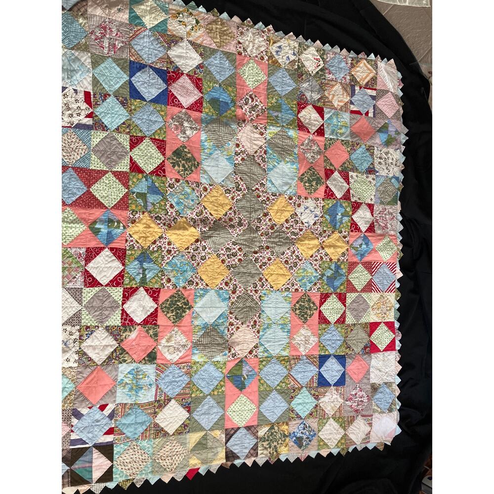 Vintage Hand Sewn Patchwork Quilt 62x72 1960s 1970s Cottage Farmhouse